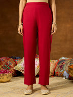 Janasya Women's Maroon Pure Cotton Floral Printed Yoke Embroidered Anarkali Kurta Set