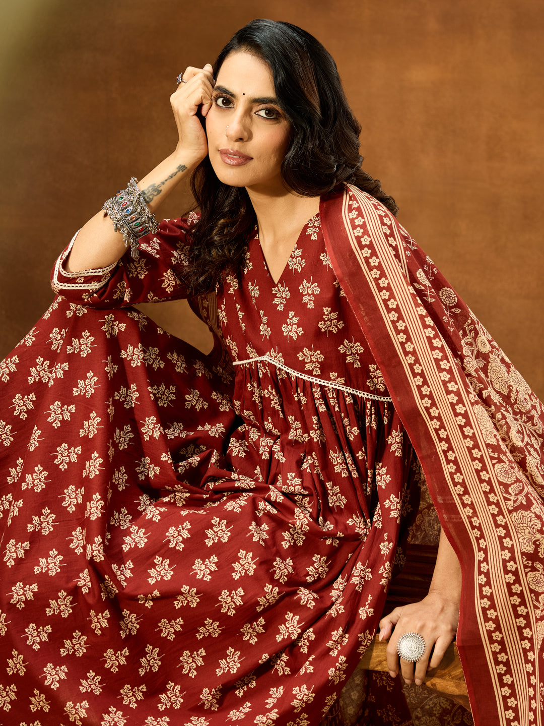 Janasya Women's Brown Pure Cotton Floral Printed A-line Kurta Set - qivii