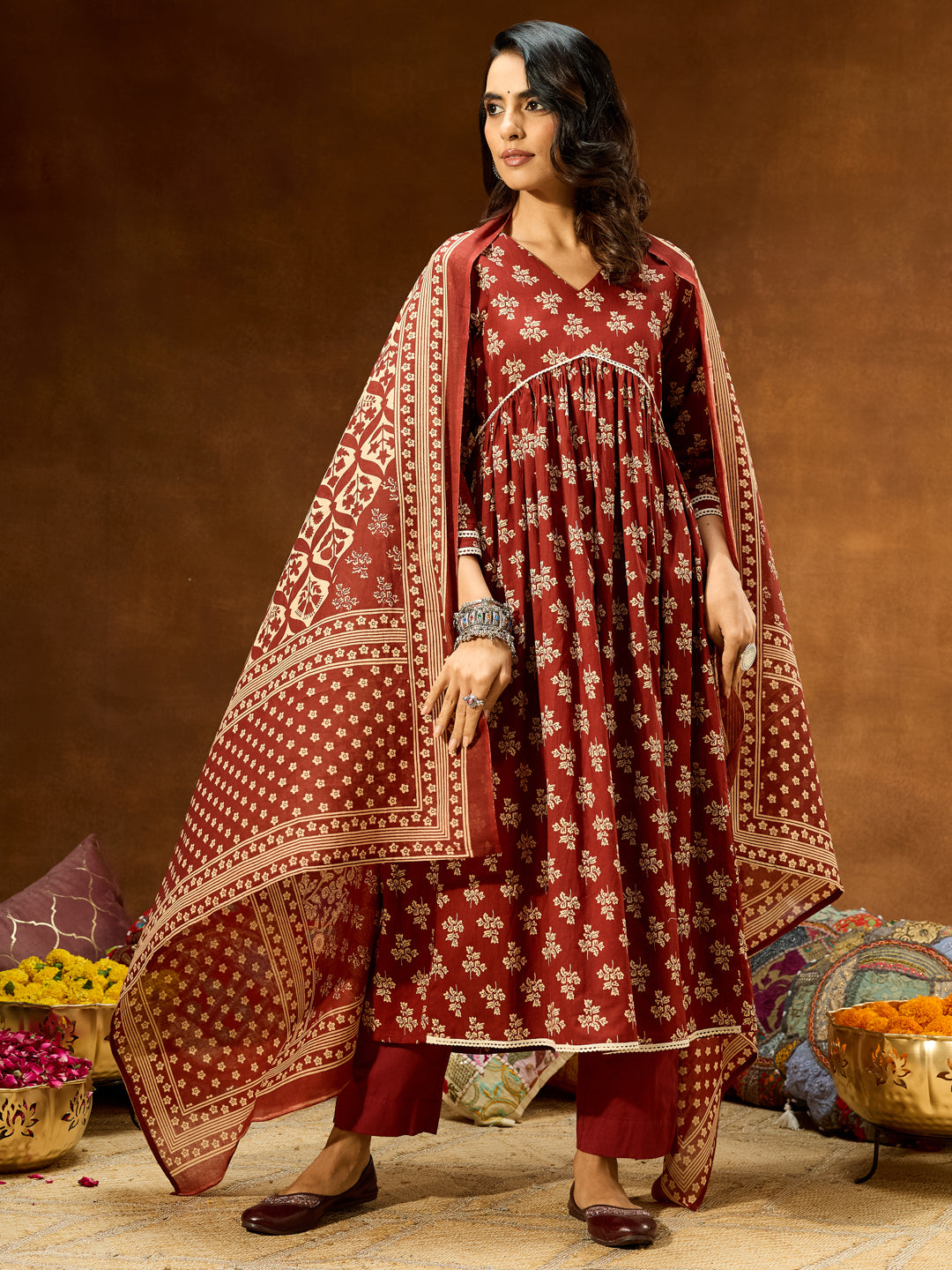 Janasya Women's Brown Pure Cotton Floral Printed A-line Kurta Set - qivii