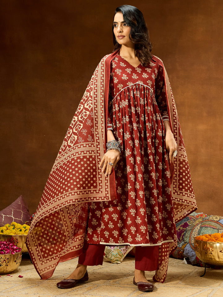 Janasya Women's Brown Pure Cotton Floral Printed A-line Kurta Set - qivii