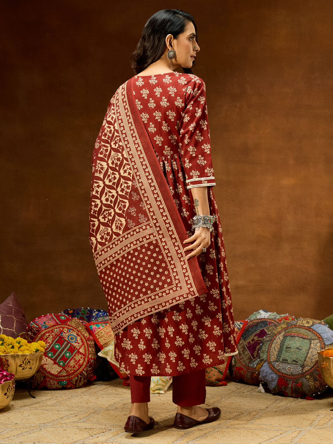 Janasya Women's Brown Pure Cotton Floral Printed A-line Kurta Set - qivii