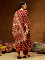 Janasya Women's Brown Pure Cotton Floral Printed A-line Kurta Set