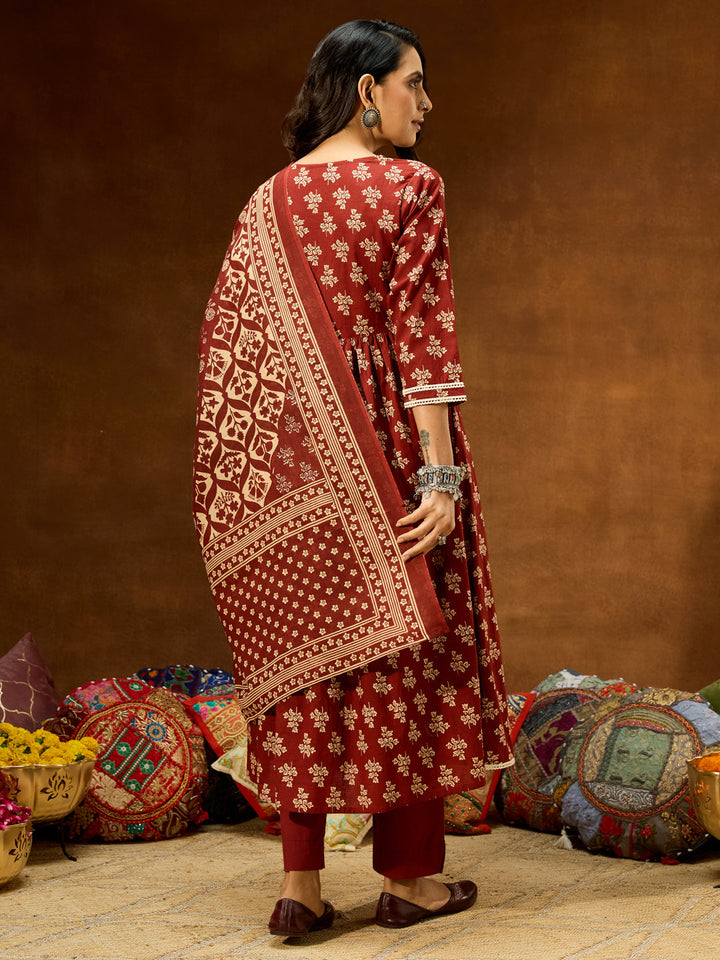 Janasya Women's Brown Pure Cotton Floral Printed A-line Kurta Set - qivii