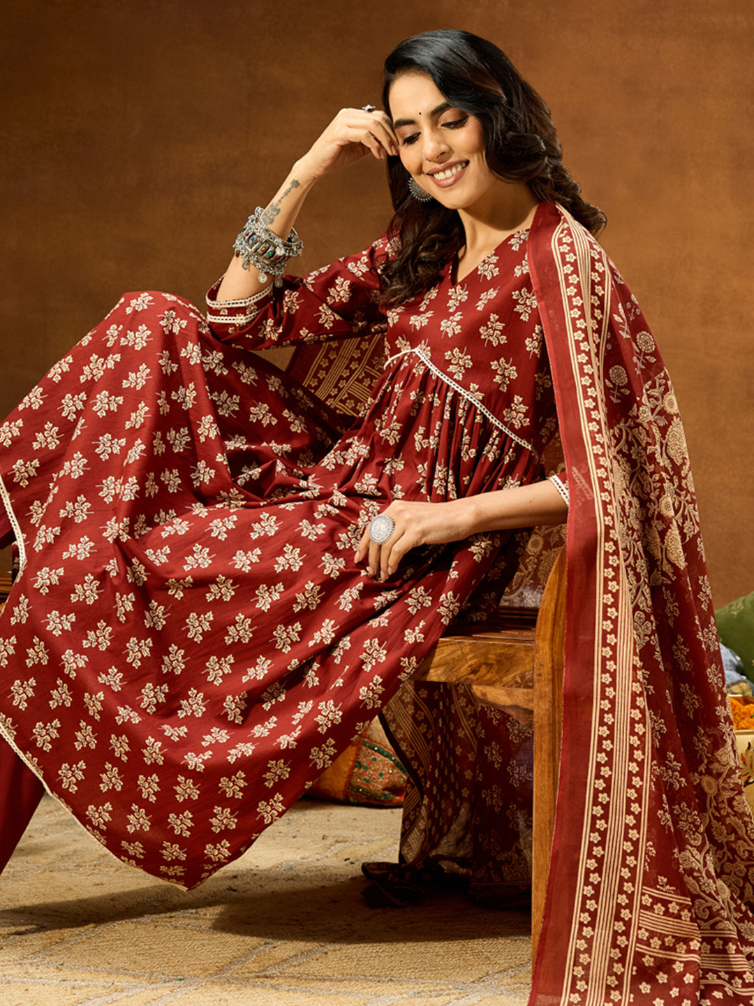 Janasya Women's Brown Pure Cotton Floral Printed A-line Kurta Set - qivii