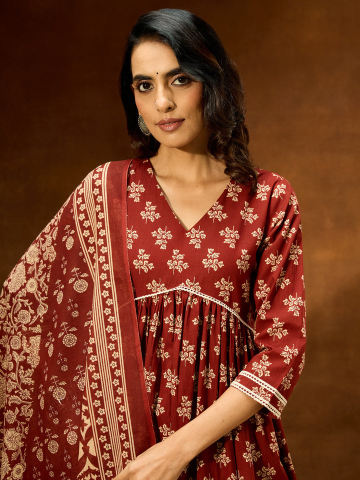 Janasya Women's Brown Pure Cotton Floral Printed A-line Kurta Set - qivii