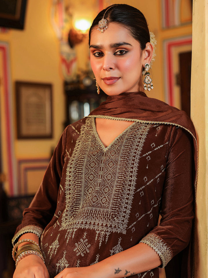 Janasya Women's Brown Velvet Embellished Gold Printed Straight Kurta Set