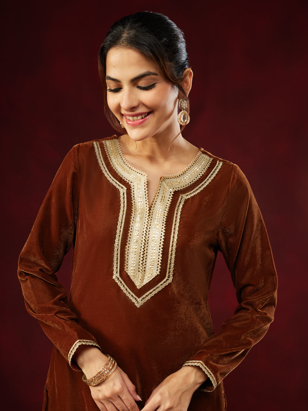 Janasya Women's Brown Velvet Embellished Straight Kurta Set