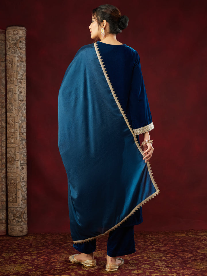 Janasya Women's Teal Blue Velvet Embellished Straigh Kurta Set