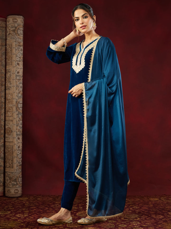 Janasya Women's Teal Blue Velvet Embellished Straigh Kurta Set