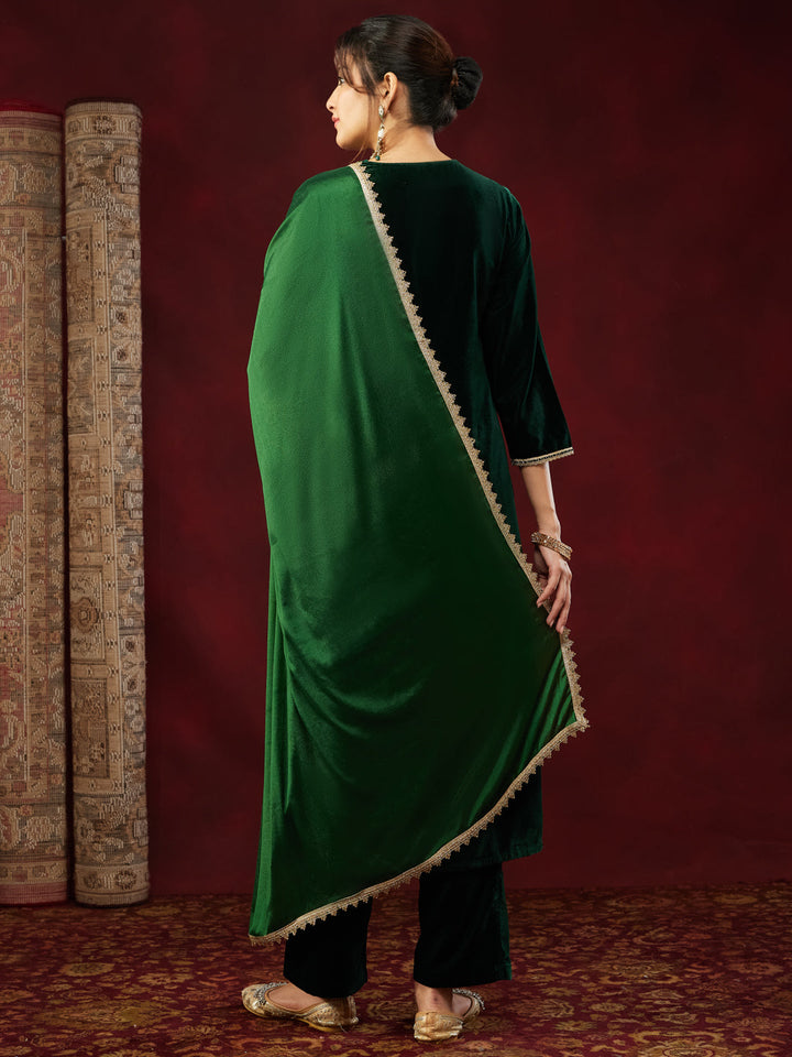 Janasya Women's Bottle Green Velvet Yoke Embroidered Straight Kurta Set