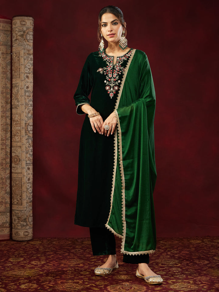 Janasya Women's Bottle Green Velvet Yoke Embroidered Straight Kurta Set