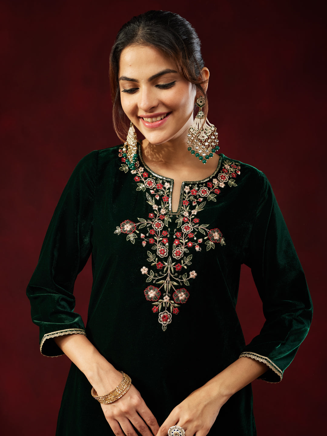 Janasya Women's Bottle Green Velvet Yoke Embroidered Straight Kurta Set