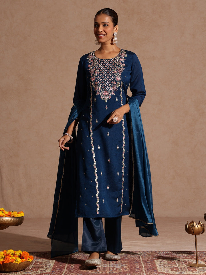 Janasya Women's Teal Blue Silk Blend Zari Embroidered Straight Kurta Set - qivii