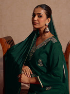 Janasya Women's Bottle Green Silk Blend Zari Embroidered Straight Kurta Set