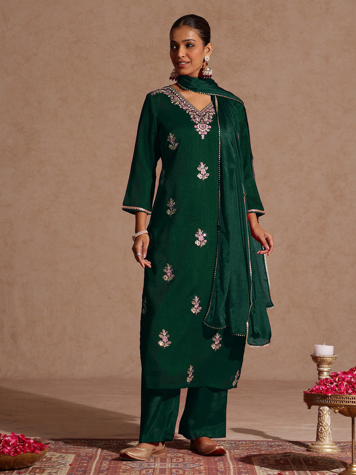 Janasya Women's Bottle Green Silk Blend Zari Embroidered Straight Kurta Set - qivii
