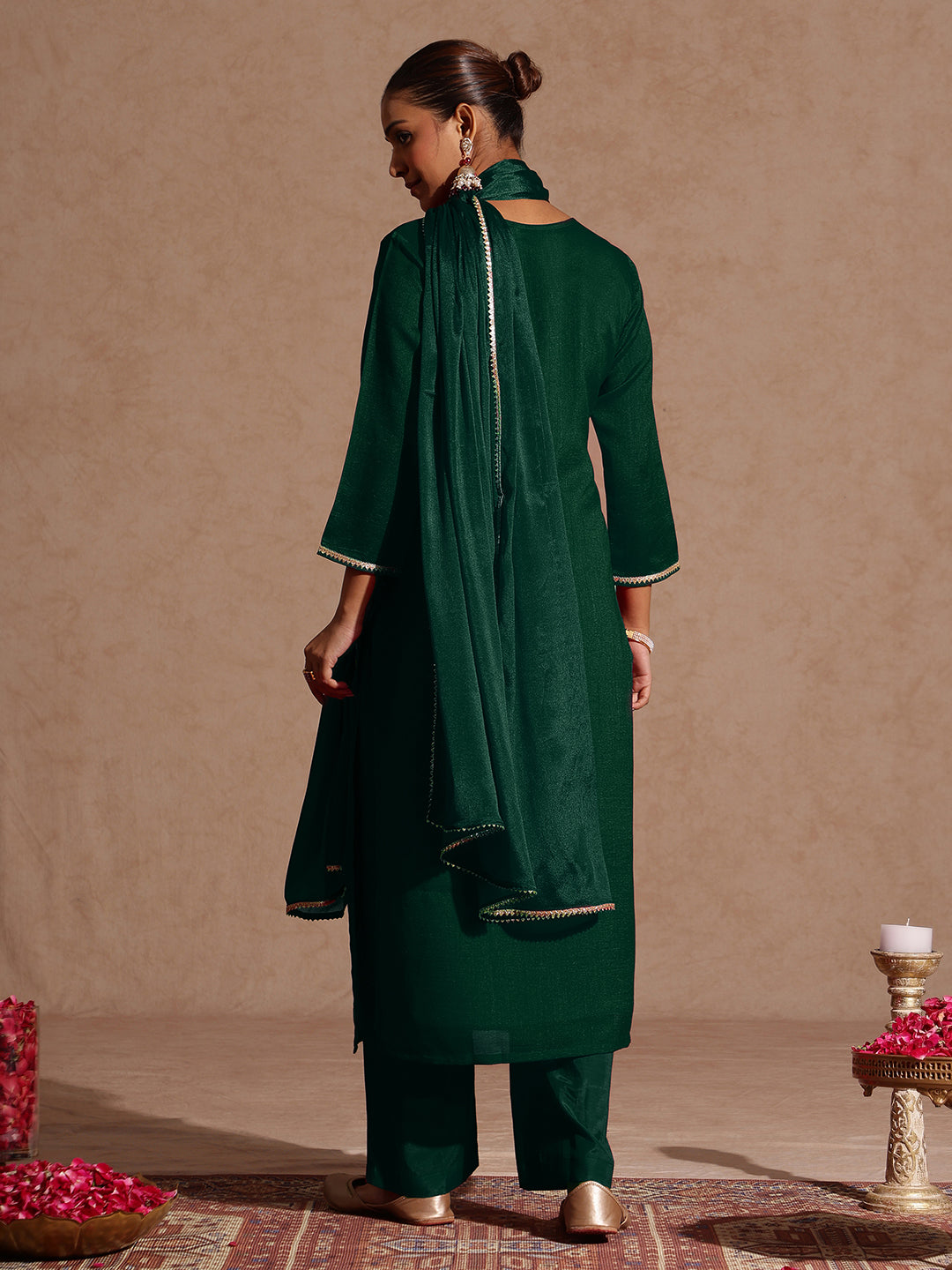 Janasya Women's Bottle Green Silk Blend Zari Embroidered Straight Kurta Set - qivii