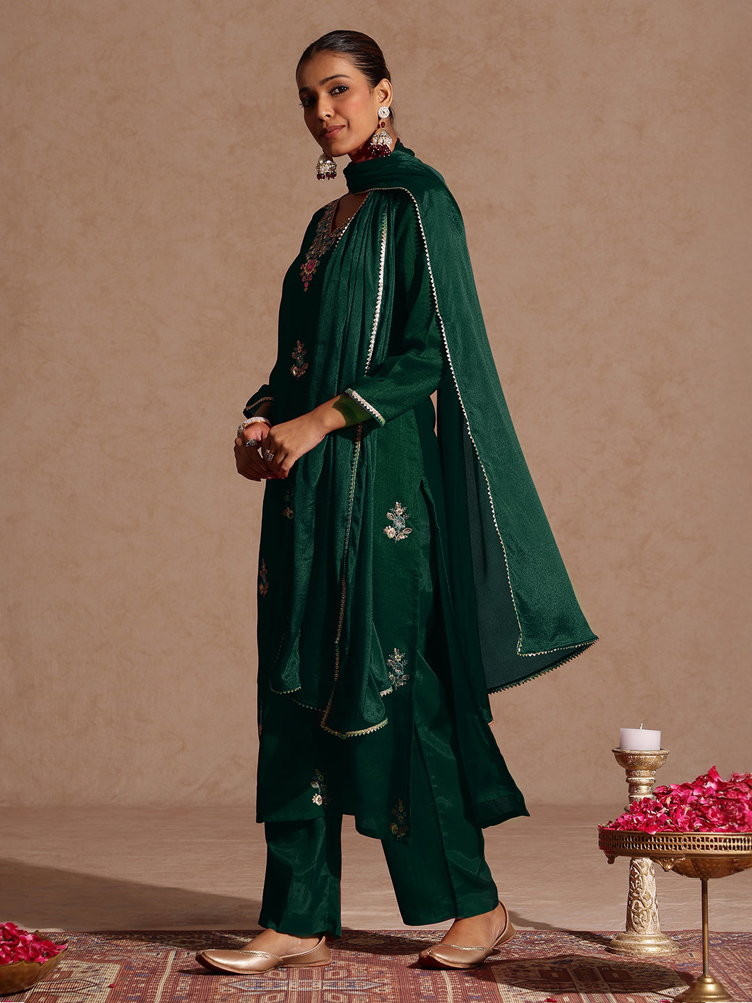 Janasya Women's Bottle Green Silk Blend Zari Embroidered Straight Kurta Set - qivii