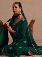 Janasya Women's Bottle Green Silk Blend Zari Embroidered Straight Kurta Set