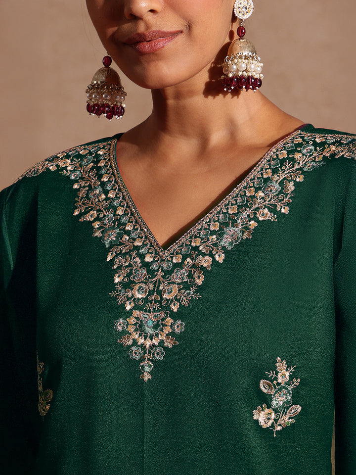 Janasya Women's Bottle Green Silk Blend Zari Embroidered Straight Kurta Set - qivii