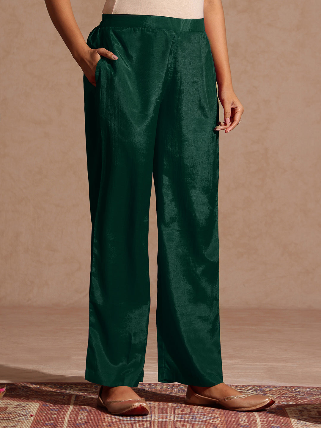 Janasya Women's Bottle Green Silk Blend Zari Embroidered Straight Kurta Set - qivii