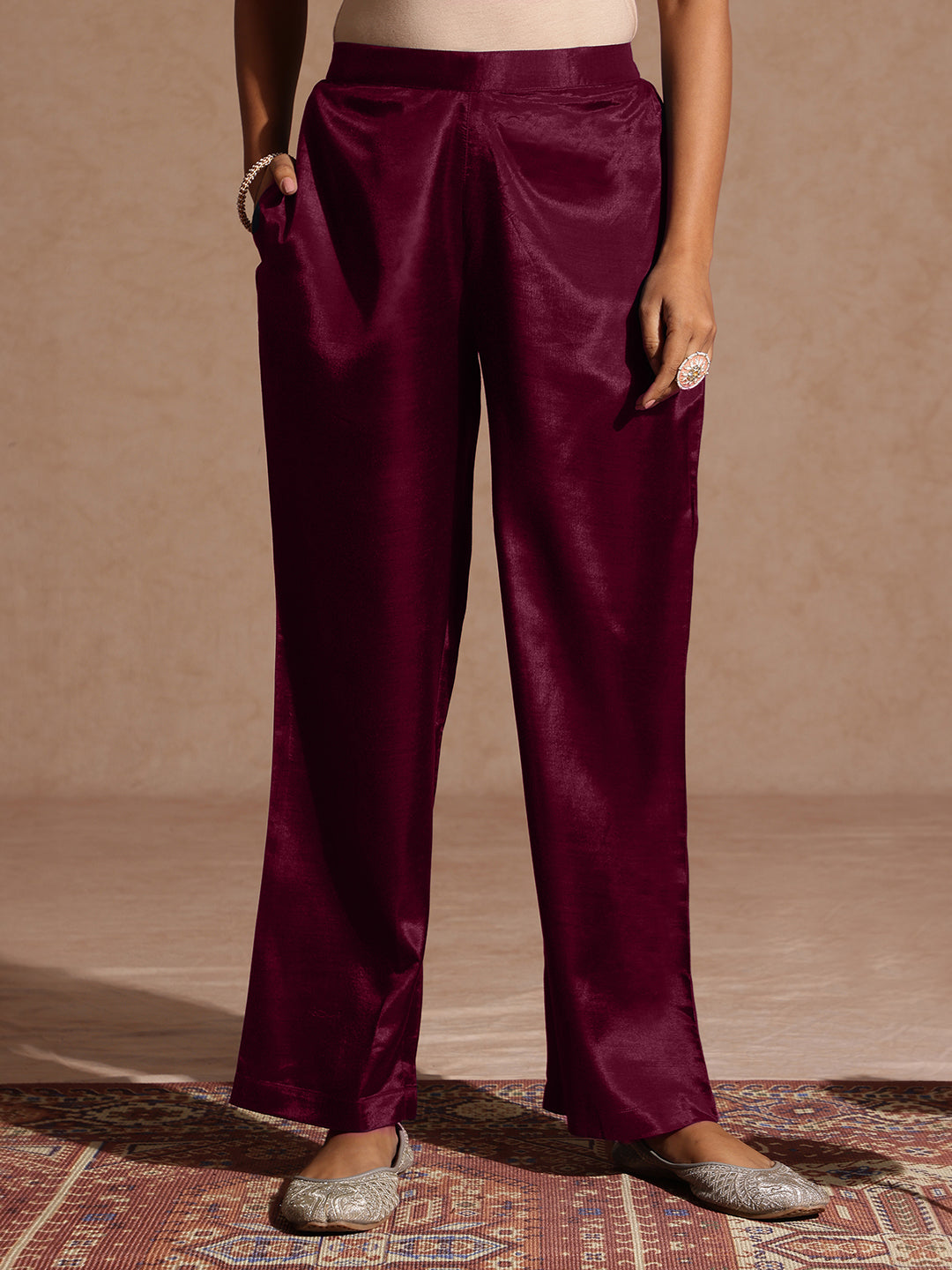 Janasya Women's Maroon Silk Blend Embroidered Straight Kurta Set - qivii