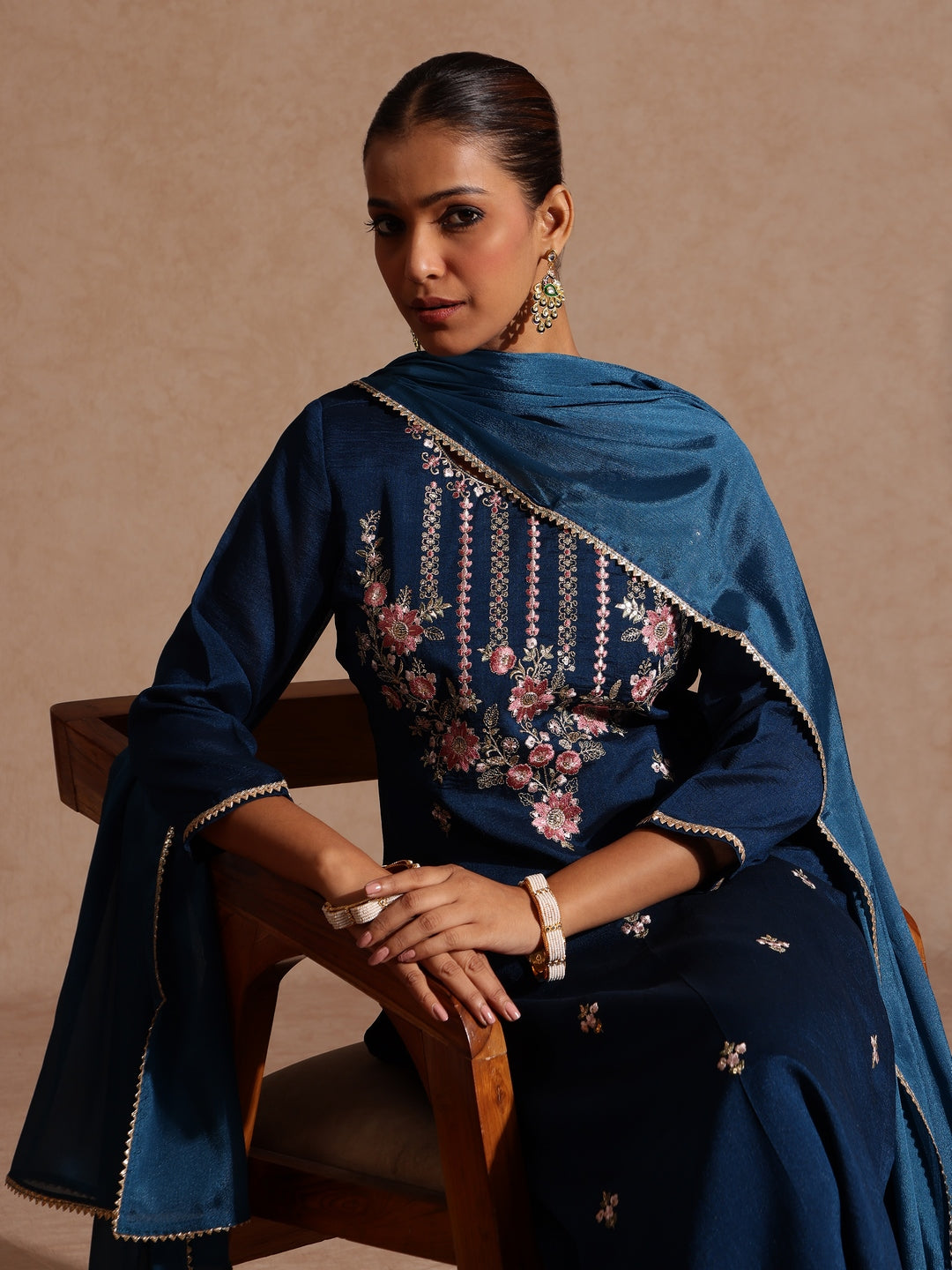 Janasya Women's Teal Blue Silk Blend Embroidered Straight Kurta Set - qivii