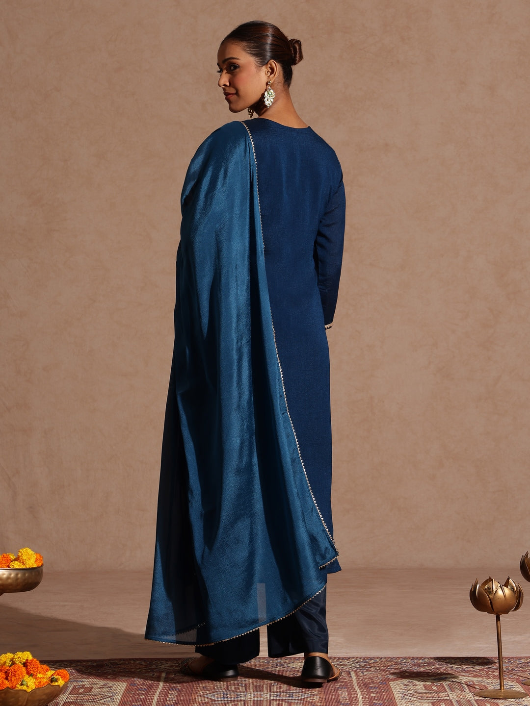 Janasya Women's Teal Blue Silk Blend Embroidered Straight Kurta Set - qivii