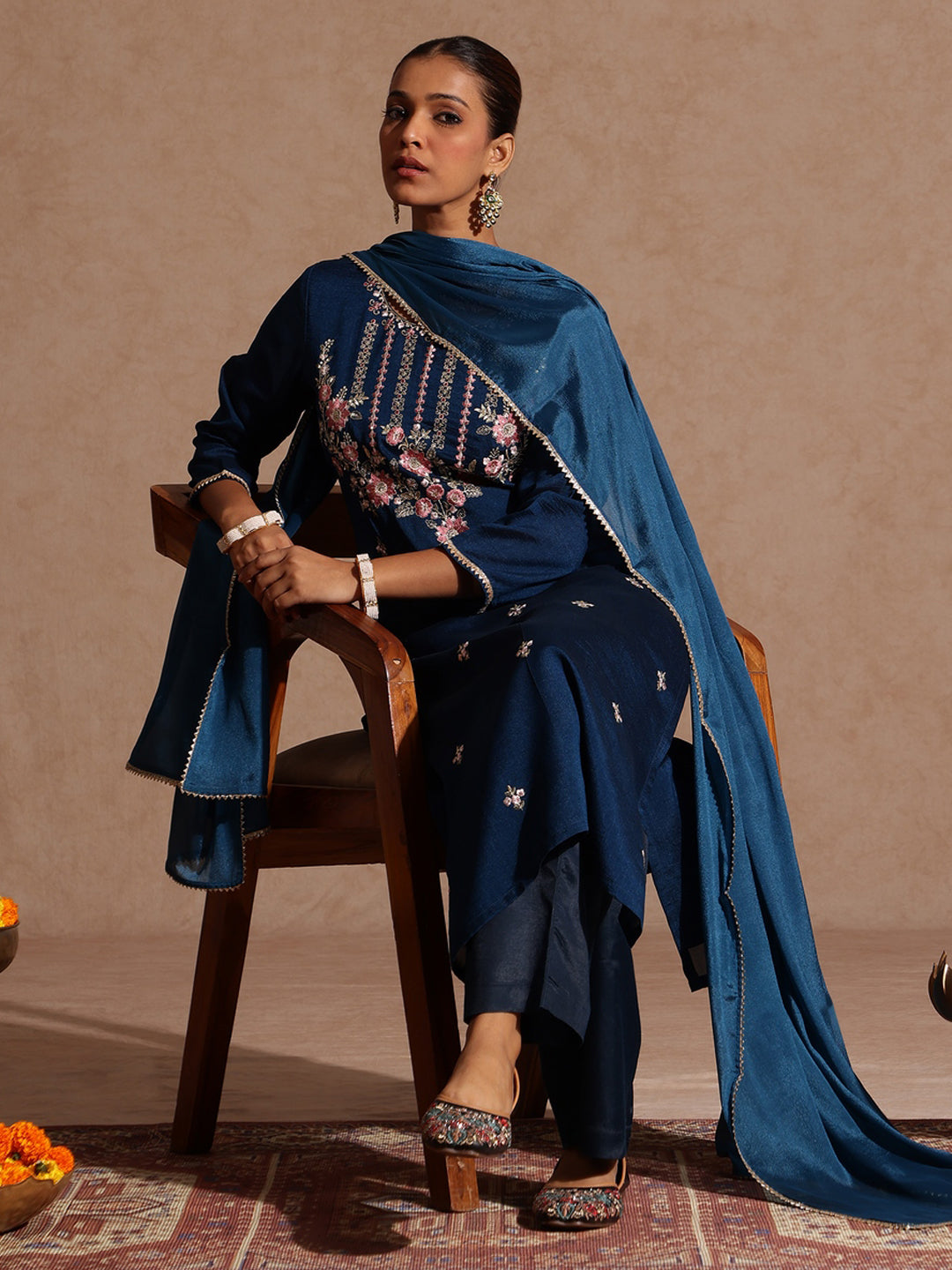 Janasya Women's Teal Blue Silk Blend Embroidered Straight Kurta Set - qivii