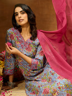 Janasya Women's Blue Pure Cotton Floral Printed Straight Kurta Set