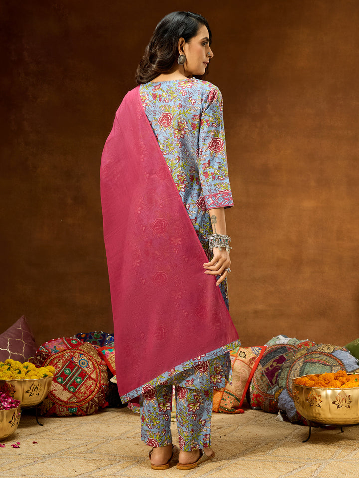 Janasya Women's Blue Pure Cotton Floral Printed Straight Kurta Set - qivii