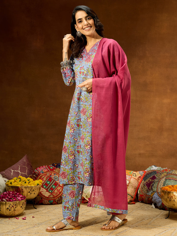 Janasya Women's Blue Pure Cotton Floral Printed Straight Kurta Set - qivii