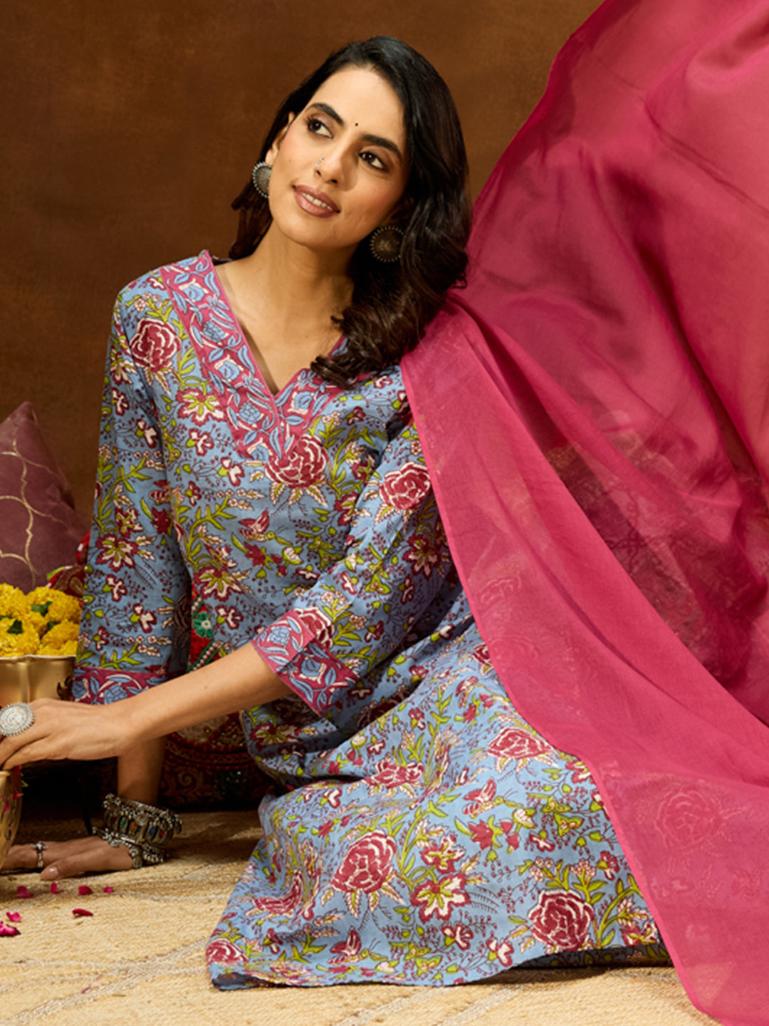 Janasya Women's Blue Pure Cotton Floral Printed Straight Kurta Set - qivii