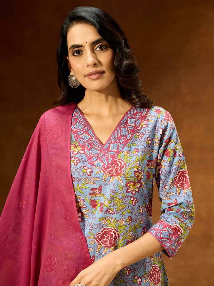 Janasya Women's Blue Pure Cotton Floral Printed Straight Kurta Set - qivii