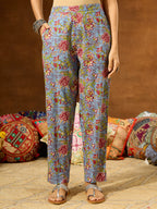 Janasya Women's Blue Pure Cotton Floral Printed Straight Kurta Set