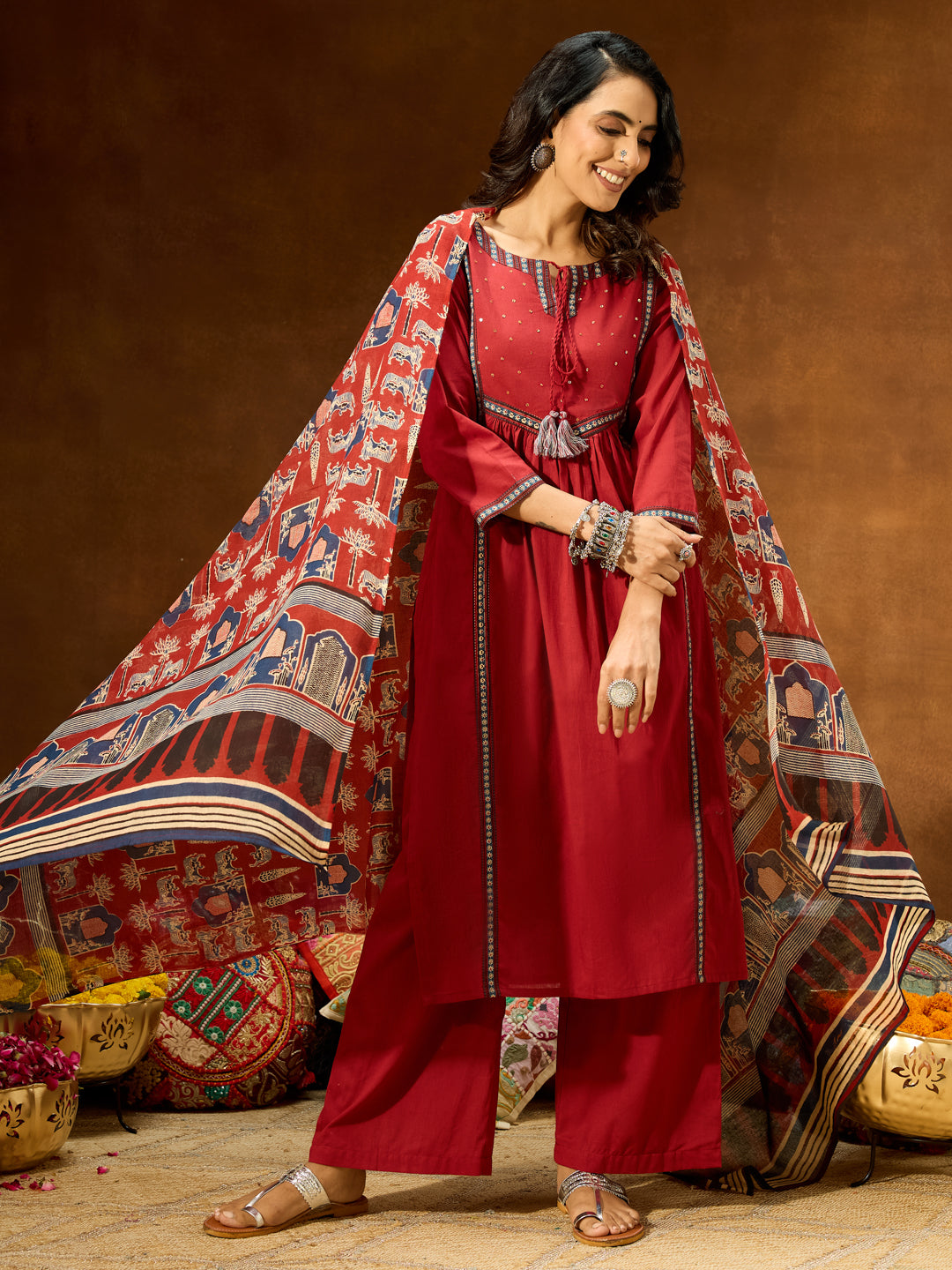 Janasya Women's Maroon Pure Cotton Embellished Straight Kurta With Palazzo & Dupatta Set - qivii