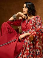 Janasya Women's Maroon Pure Cotton Embellished Straight Kurta With Palazzo & Dupatta Set