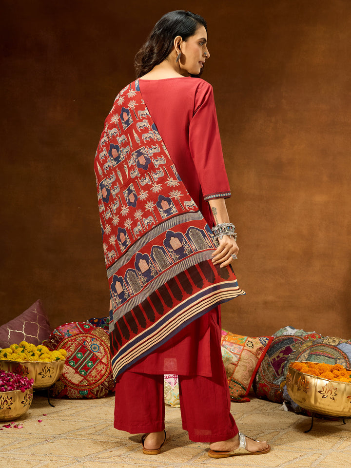 Janasya Women's Maroon Pure Cotton Embellished Straight Kurta With Palazzo & Dupatta Set - qivii