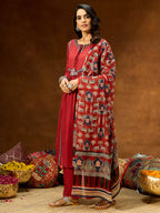 Janasya Women's Maroon Pure Cotton Embellished Straight Kurta With Palazzo & Dupatta Set