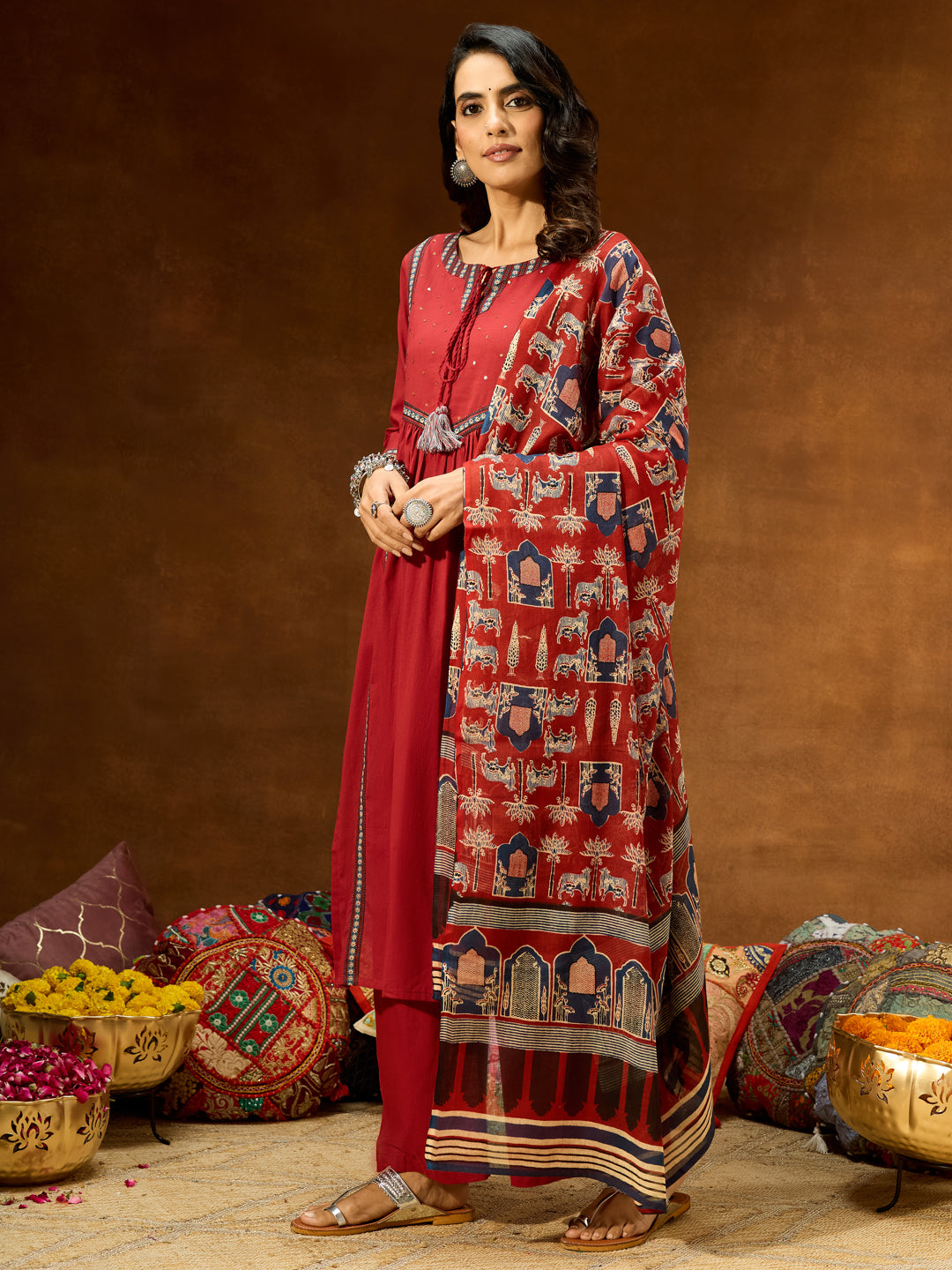 Janasya Women's Maroon Pure Cotton Embellished Straight Kurta With Palazzo & Dupatta Set