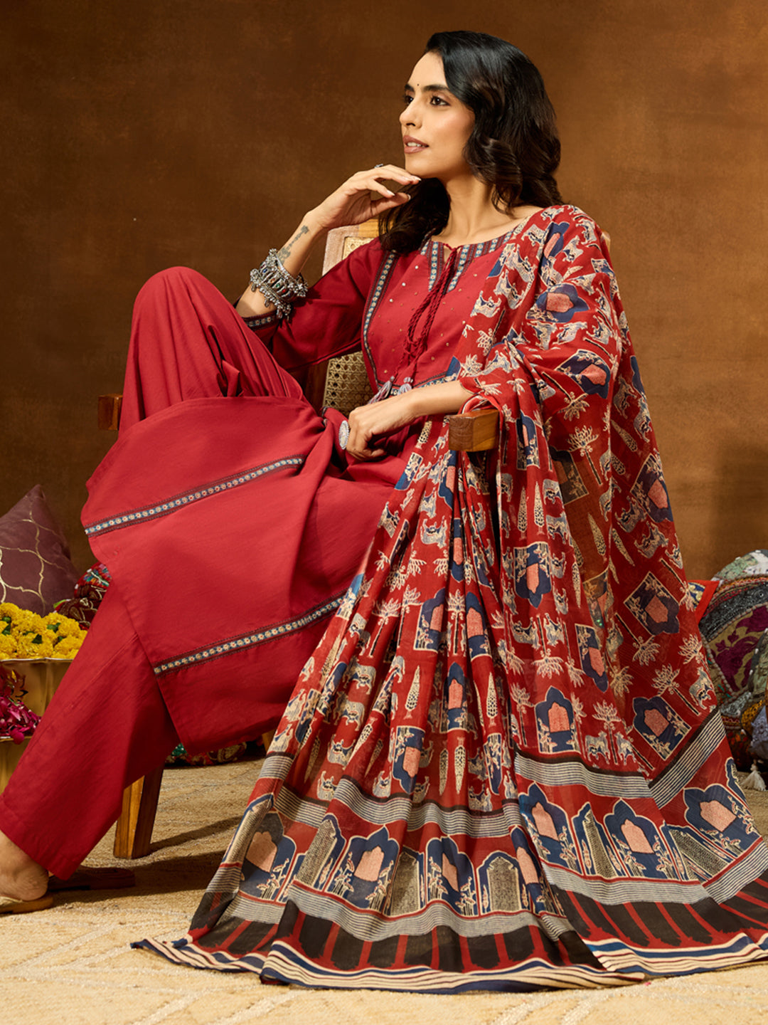 Janasya Women's Maroon Pure Cotton Embellished Straight Kurta With Palazzo & Dupatta Set - qivii