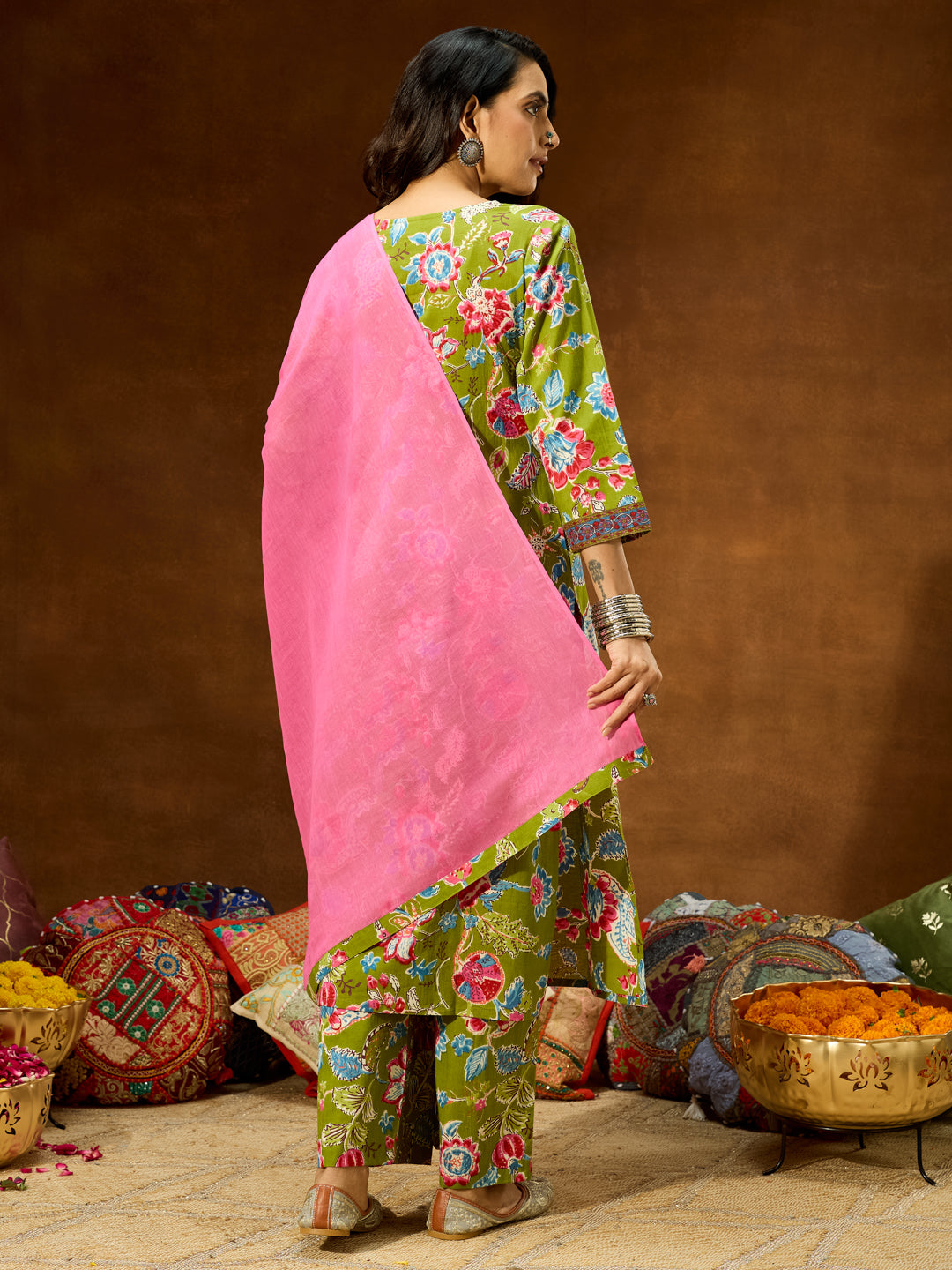 Janasya Women's Green Pure Cotton Floral Printed Kurta With Palazzo & Dupatta Set - qivii