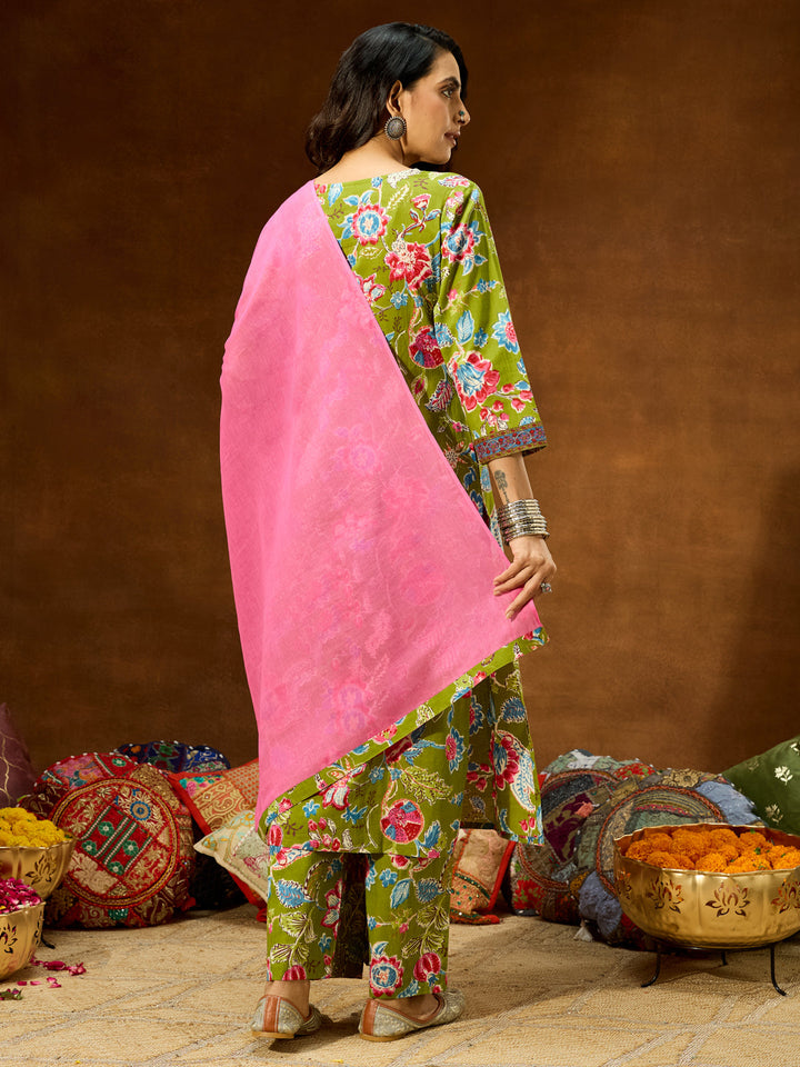 Janasya Women's Green Pure Cotton Floral Printed Kurta With Palazzo & Dupatta Set - qivii
