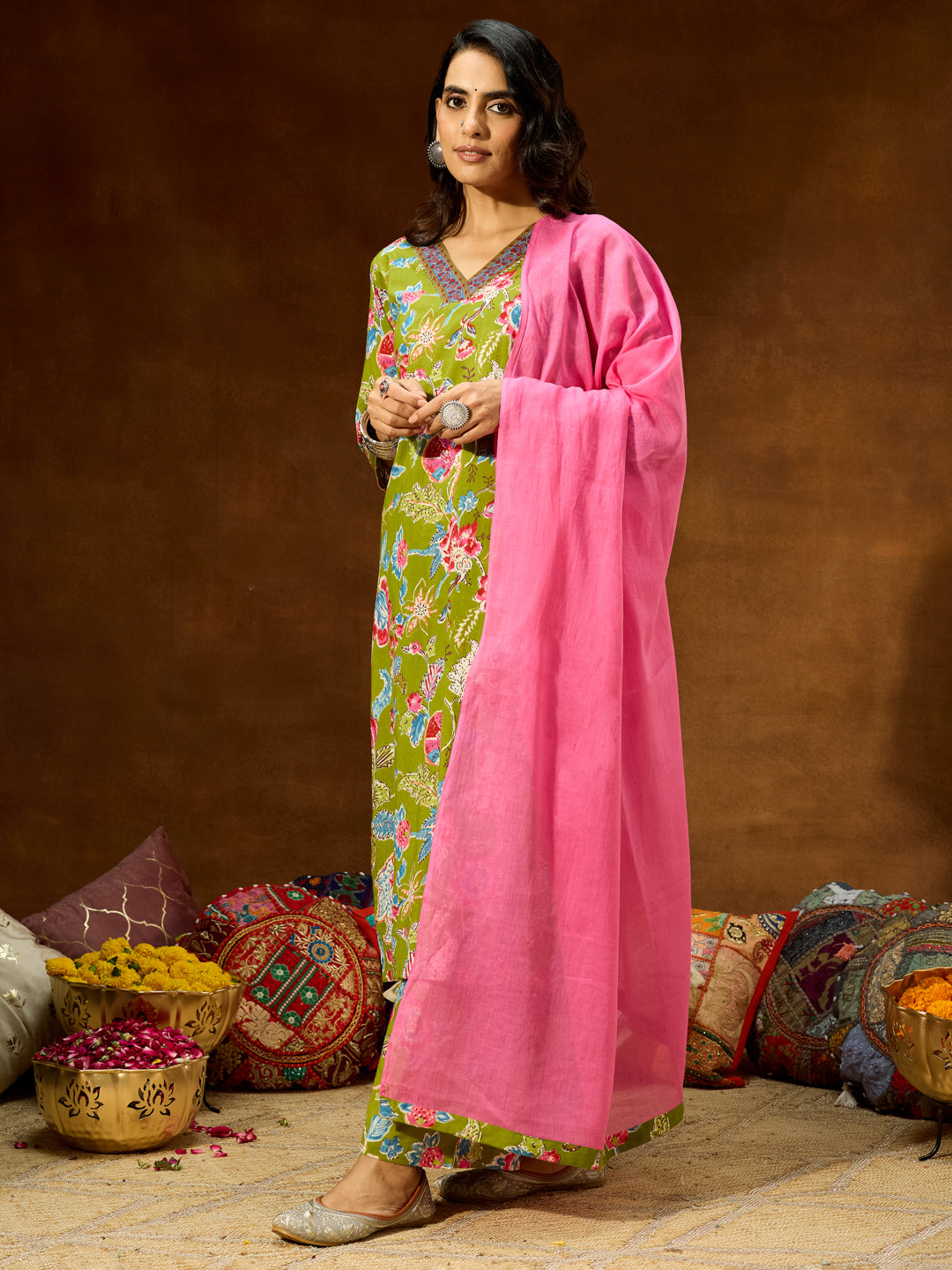 Janasya Women's Green Pure Cotton Floral Printed Kurta With Palazzo & Dupatta Set - qivii