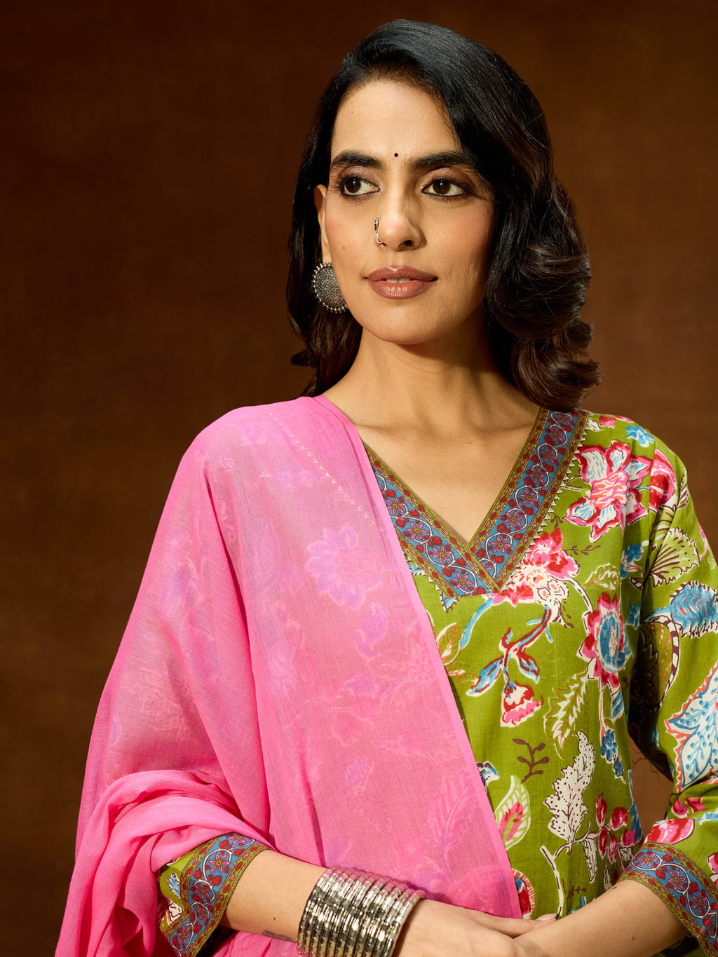 Janasya Women's Green Pure Cotton Floral Printed Kurta With Palazzo & Dupatta Set