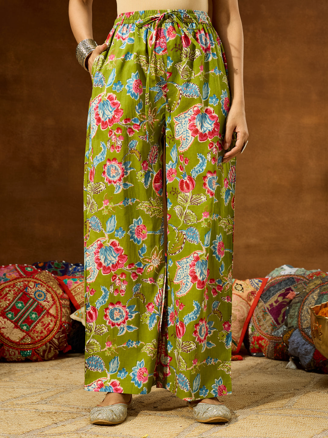 Janasya Women's Green Pure Cotton Floral Printed Kurta With Palazzo & Dupatta Set - qivii