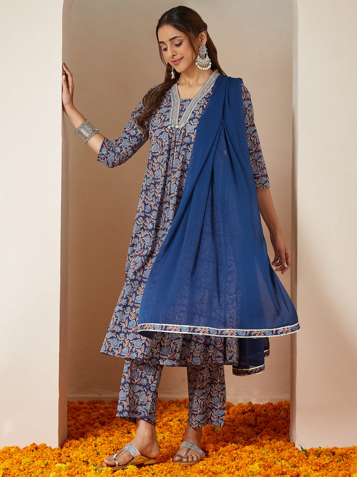 Janasya Women's Blue Pure Cotton Yoke Design Floral Printed A-line Kurta Set - qivii