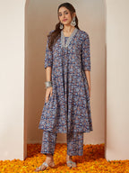 Janasya Women's Blue Pure Cotton Yoke Design Floral Printed A-line Kurta Set
