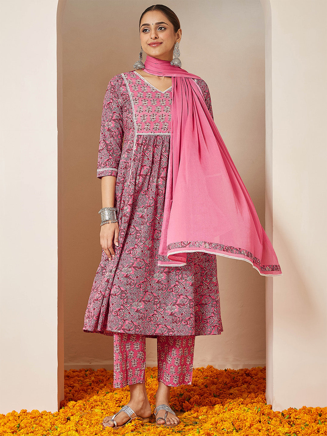 Janasya Women's Pink Pure Cotton Floral Printed A-line Kurta Set - qivii