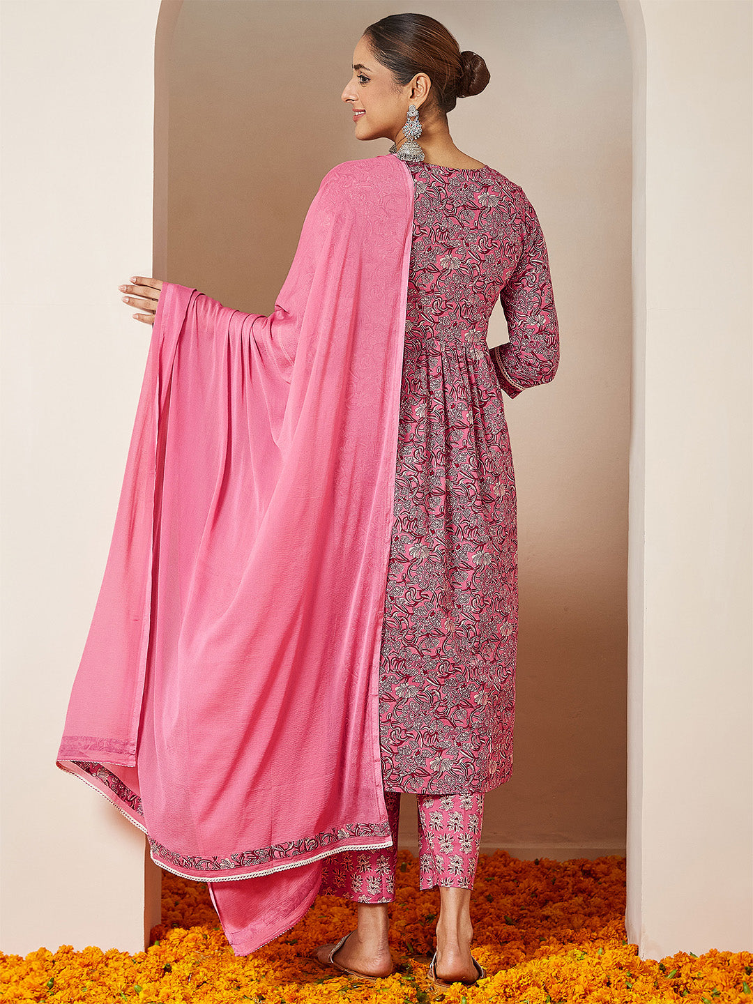 Janasya Women's Pink Pure Cotton Floral Printed A-line Kurta Set