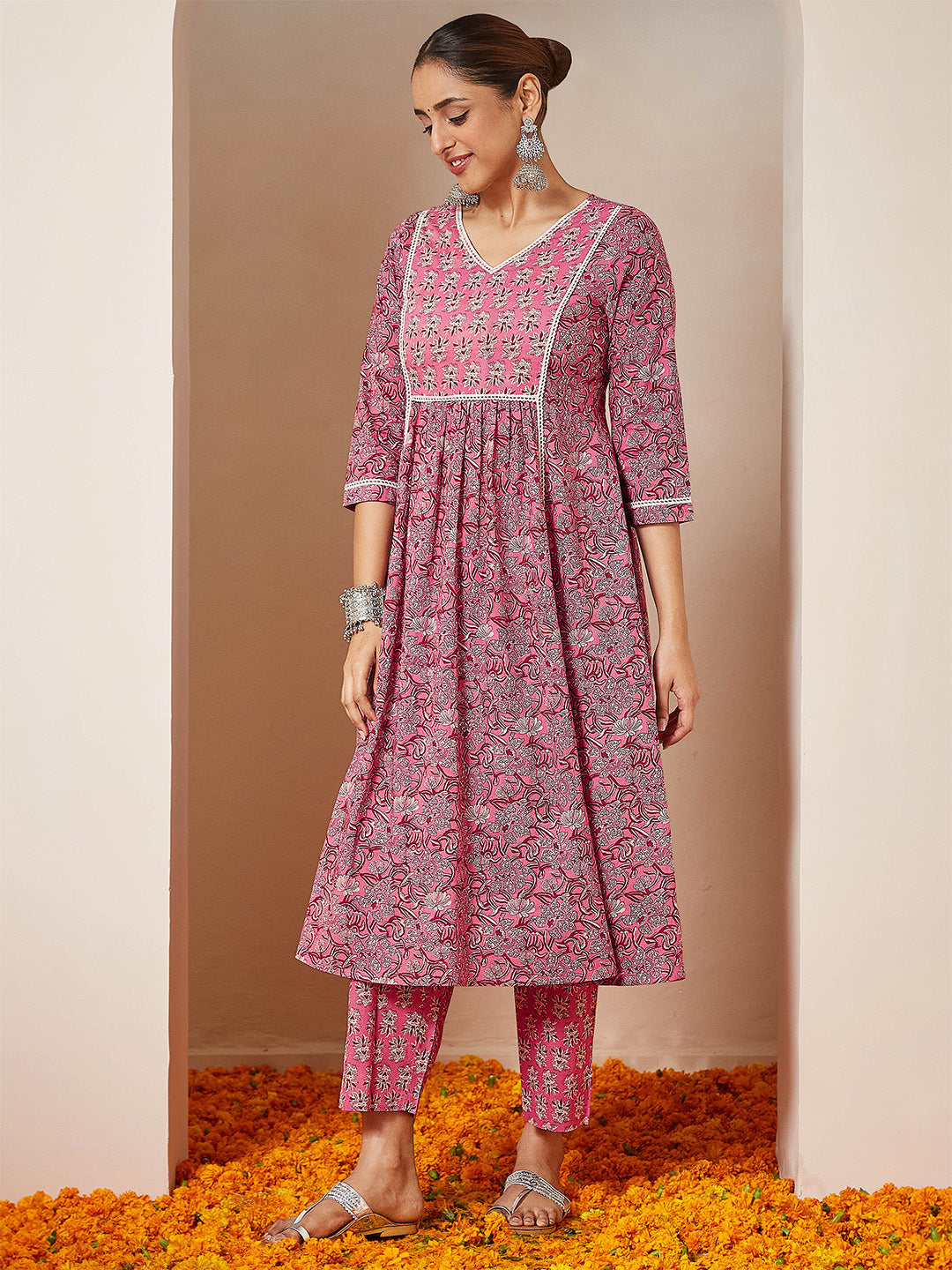 Janasya Women's Pink Pure Cotton Floral Printed A-line Kurta Set